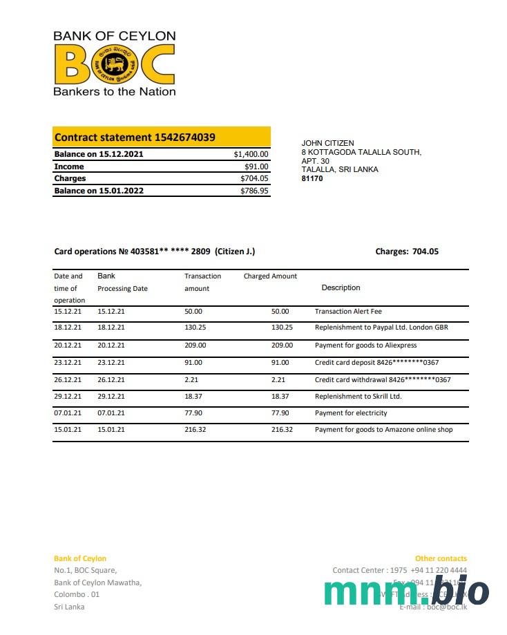 Szablon wyciągu bankowego Sri Lanka Bank Of Ceylon w formacie Word i PDF, dobry do udowodnienia adresu